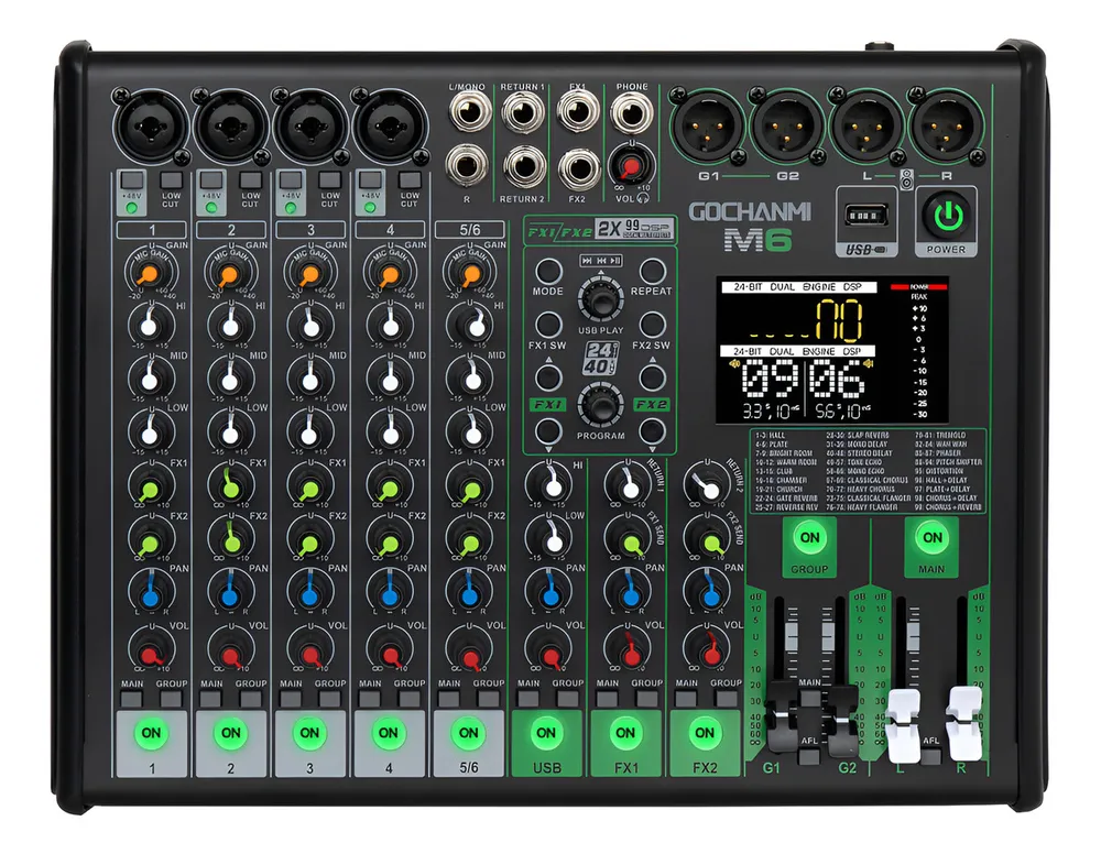 Mesa de Som Gochanmi M6 (6 Canais com 2x99 Efeitos DSP)