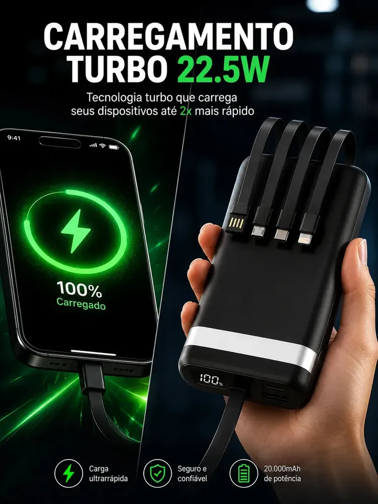 Power Bank 20.000mAh Turbo 22.5W com 4 Cabos Integrados
