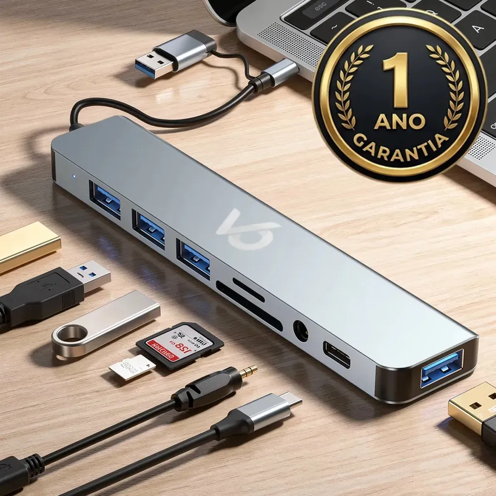 Hub USB-C 8 Portas Multifuncional (HDMI, SD, P2, PD)